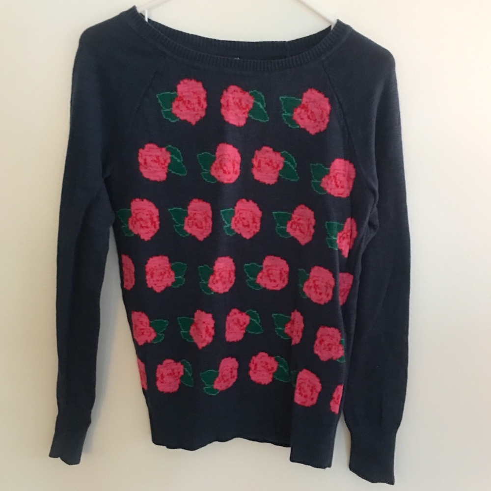 Rose Patterned Navy Blue Sweater